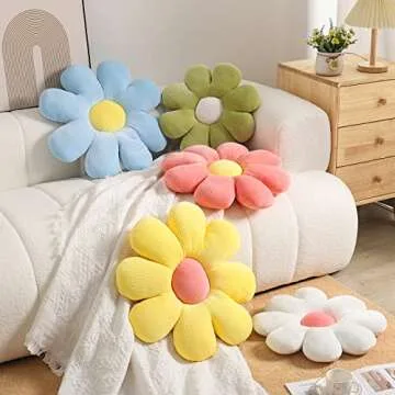 Getmo Resin 3pcs Flower Pillow Floor Cushion Flower Shaped Throw Pillow Daisy Seating Cushion Cute Room Decor Plush Floor Pillows for Reading(Green, Yellow, White,15.7/15.7/19.7 in)