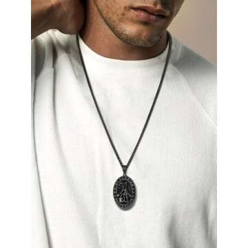 FaithHeart St Florian Firefighter Necklace for Men, Silver/Black Stainless Steel Protection Amulet M...