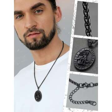 FaithHeart St Florian Firefighter Necklace for Men, Silver/Black Stainless Steel Protection Amulet Medal Pendant Necklaces Catholic Jewelry Gifts for Police Father Son