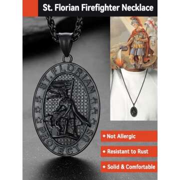 FaithHeart St Florian Firefighter Necklace for Men, Silver/Black Stainless Steel Protection Amulet Medal Pendant Necklaces Catholic Jewelry Gifts for Police Father Son