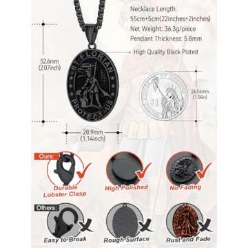 FaithHeart St Florian Firefighter Necklace for Men, Silver/Black Stainless Steel Protection Amulet Medal Pendant Necklaces Catholic Jewelry Gifts for Police Father Son