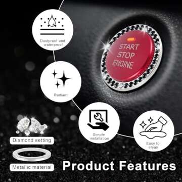 LivTee 2 PCS Crystal Rhinestone Car Engine Start Stop Decoration Ring, Bling Car Interior Accessories for Women, Push to Start Button Cover/Sticker, Key Ignition & Knob Bling Ring, Black
