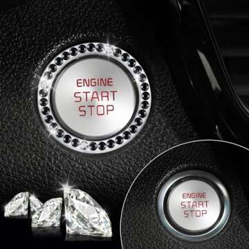 LivTee 2 PCS Crystal Rhinestone Car Engine Start Stop Decoration Ring, Bling Car Interior Accessories for Women, Push to Start Button Cover/Sticker, Key Ignition & Knob Bling Ring, Black