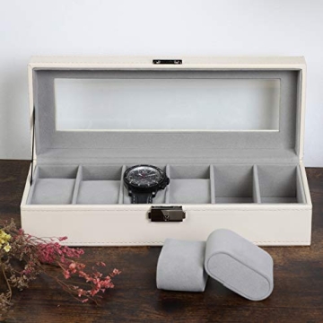 NEX Watch Case, 6 Slot Leather Watch Box Display Case Organizer Glass Jewelry Storage