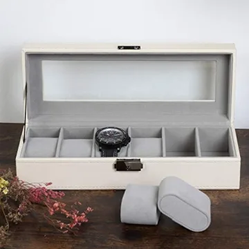 NEX Watch Case, 6 Slot Leather Watch Box Display Case Organizer Glass Jewelry Storage