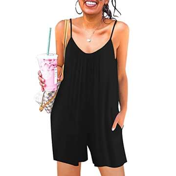 snugwind Women‘s Summer Casual Sleeveless Strap Adjustable Loose Romper Shorts Jumpsuits with Pockets Large Black