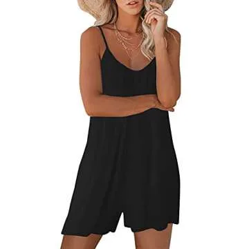 snugwind Women‘s Summer Casual Sleeveless Strap Adjustable Loose Romper Shorts Jumpsuits with Pockets Large Black