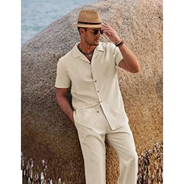 COOFANDY Men Beach Linen Outfits Sets 2 Piece Cuba Guayabera Shirts Summer Island Sets
