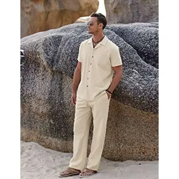 COOFANDY Men Beach Linen Outfits Sets 2 Piece Cuba Guayabera Shirts Summer Island Sets