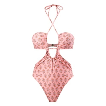 Halter One Piece Swimsuits for Women with Cover up Set, Sexy Cutout One Piece Bathing Suit with Matching Cover up Cute Built in Bra Swimwear Beachwear Two Piece Set Pink-Halter L