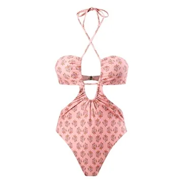 Halter One Piece Swimsuits for Women with Cover up Set, Sexy Cutout One Piece Bathing Suit with Matching Cover up Cute Built in Bra Swimwear Beachwear Two Piece Set Pink-Halter L