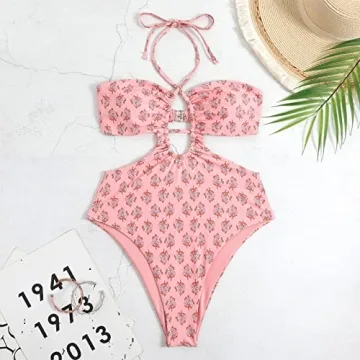 Halter One Piece Swimsuits for Women with Cover up Set, Sexy Cutout One Piece Bathing Suit with Matching Cover up Cute Built in Bra Swimwear Beachwear Two Piece Set Pink-Halter L
