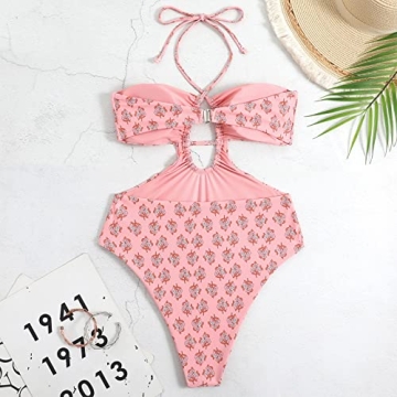Halter One Piece Swimsuits for Women with Cover up Set, Sexy Cutout One Piece Bathing Suit with Matching Cover up Cute Built in Bra Swimwear Beachwear Two Piece Set Pink-Halter L
