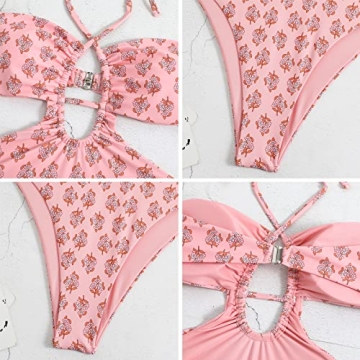 Halter One Piece Swimsuits for Women with Cover up Set, Sexy Cutout One Piece Bathing Suit with Matching Cover up Cute Built in Bra Swimwear Beachwear Two Piece Set Pink-Halter L