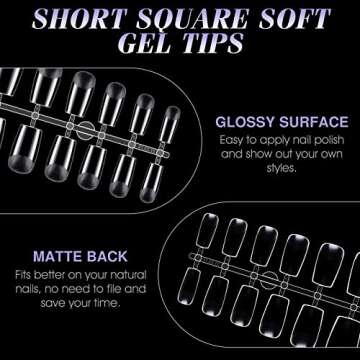 Gelike EC Short Square Nail Tips: Soft Gel X False Nail Tips Full Cover for Nail Extensions - Acrylic Nails Professional Clear Gelly Tips False Press on Preshaped PMMA,12 Sizes, SHORT SQUARE 240PCS