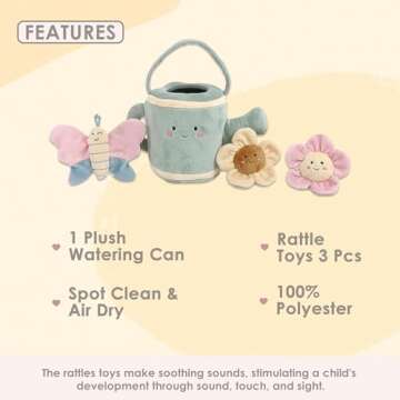 MON AMI Spring Watering Can Play Set with Rattles – 4 Pc Set, Stuffed Plush Gardening Set for Kids with Watering Can, 2 Pcs Flowers, Butterfly