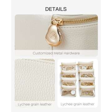 Vlando Travel Jewelry Organizer,PU Leather Jewelry Case Box for Travelers with 8 Pcs Claer Velvet Jewelry Bags Wedding Gifts for Women-White