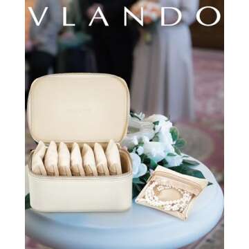 Vlando Travel Jewelry Organizer,PU Leather Jewelry Case Box for Travelers with 8 Pcs Claer Velvet Jewelry Bags Wedding Gifts for Women-White