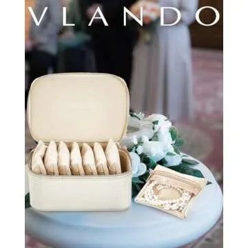 Vlando Travel Jewelry Organizer,PU Leather Jewelry Case Box for Travelers with 8 Pcs Claer Velvet Jewelry Bags Wedding Gifts for Women-White