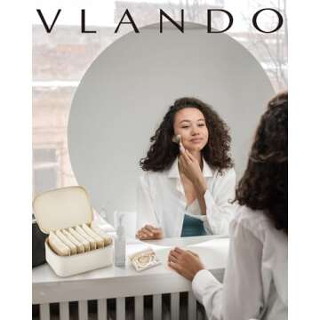 Vlando Travel Jewelry Organizer,PU Leather Jewelry Case Box for Travelers with 8 Pcs Claer Velvet Jewelry Bags Wedding Gifts for Women-White