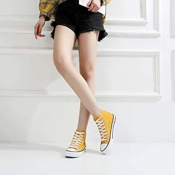 kufeiti Women’s High Top Canvas Sneakers Canvas Shoes Lace up White Black Sneakers Casual Walking Shoes (Yellow, Numeric_9)