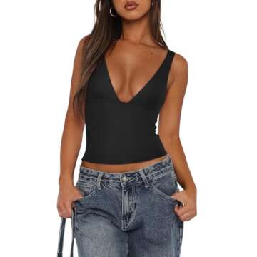 REORIA Women's Sexy Plunge Deep V Neck Sleeveless V Backless Tank Top Workout Yoga Crop Tops