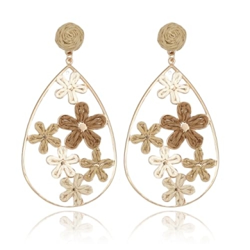 RUOFFETA Hollow Raffia Flower Earrings - Handmade Large Teardrop Statement Jewelry