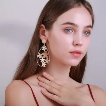 RUOFFETA Handmade Raffia Flower Drop Earrings for Summer