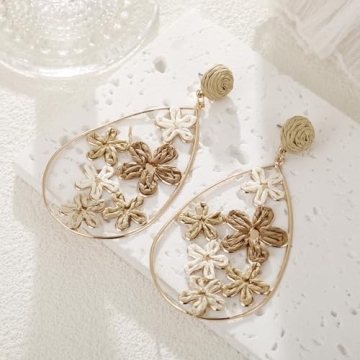 RUOFFETA Handmade Raffia Flower Drop Earrings for Summer