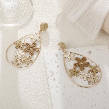 RUOFFETA Handmade Raffia Flower Drop Earrings for Summer