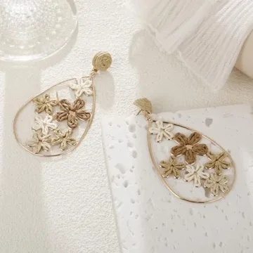 RUOFFETA Handmade Raffia Flower Drop Earrings for Summer