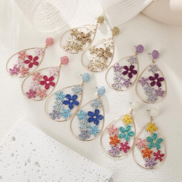 RUOFFETA Handmade Raffia Flower Drop Earrings for Summer