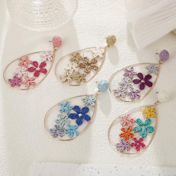 RUOFFETA Handmade Raffia Flower Drop Earrings for Summer