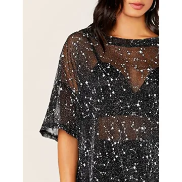 WDIRARA Women's Sheer See Through Black Galaxy Top