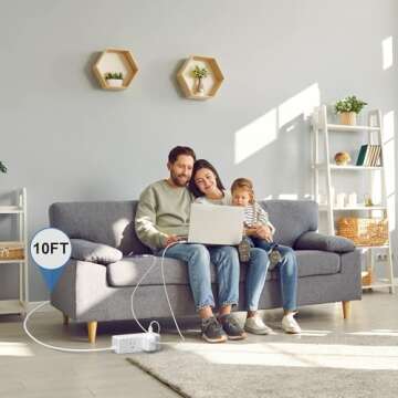 10Ft Extension Cord Flat Plug Power Strip - Tcstei 3-Side Outlet Extender with 6 AC Outlets and 3 USB Ports (1 USB C), Compact for Home, Office, Dorm Room Essentials, ETL, White