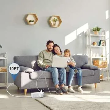 10Ft Extension Cord Flat Plug Power Strip - Tcstei 3-Side Outlet Extender with 6 AC Outlets and 3 USB Ports (1 USB C), Compact for Home, Office, Dorm Room Essentials, ETL, White