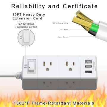 10Ft Extension Cord Flat Plug Power Strip - Tcstei 3-Side Outlet Extender with 6 AC Outlets and 3 USB Ports (1 USB C), Compact for Home, Office, Dorm Room Essentials, ETL, White