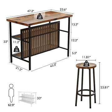 Recaceik Kitchen Island with Seating, 47.2 Inches Kitchen Island with 2 Barstool, Industrial Counter Height Table with Storage, Wooden Dining Table Set of 2 for Dining Room, Bar, Easy to Assemble