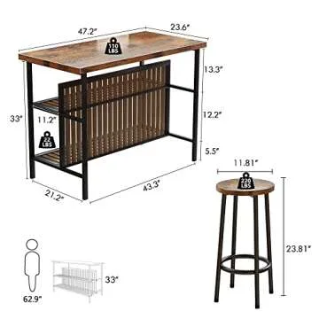 Recaceik Kitchen Island with Seating, 47.2 Inches Kitchen Island with 2 Barstool, Industrial Counter Height Table with Storage, Wooden Dining Table Set of 2 for Dining Room, Bar, Easy to Assemble