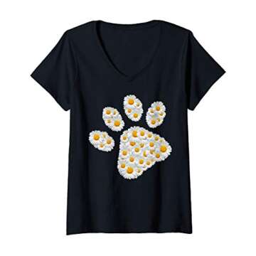 Womens Dog Paw Print of White Daisy Flowers - Dog Paw V-Neck T-Shirt