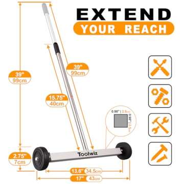 Toolwiz Magnetic Pick Up Sweeper 17-inch Heavy Duty Magnet Pickup Lawn Sweeper Roofing Tools, 8.8 Lb...