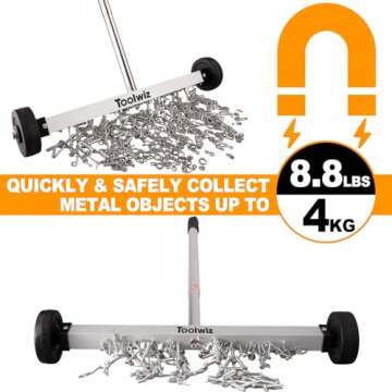 Toolwiz Magnetic Pick Up Sweeper 17-inch Heavy Duty Magnet Pickup Lawn Sweeper Roofing Tools, 8.8 Lbs Yard Tools with Telescoping Holder and Wheels to Clean Nails Adjustable Handle for Construction