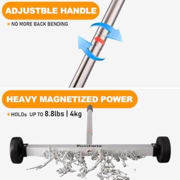 Toolwiz Magnetic Pick Up Sweeper 17-inch Heavy Duty Magnet Pickup Lawn Sweeper Roofing Tools, 8.8 Lbs Yard Tools with Telescoping Holder and Wheels to Clean Nails Adjustable Handle for Construction