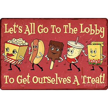 Cute Movie Theatre Gaming Room Snacks Sign - Let's All Go To The Lobby Vintage Wall Decor 12" * 8" (...