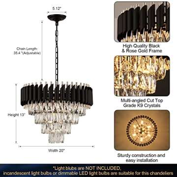 AXILIXI Modern Crystal Chandelier 20" Crystal Ceiling Pendant Light 4 Tiers Raindrop Flush Mount Chandelier Black and Gold Hanging Lamp Fixtures Round Chandelier for Entryway Foyer Dining Room