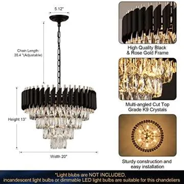 AXILIXI Modern Crystal Chandelier 20" Crystal Ceiling Pendant Light 4 Tiers Raindrop Flush Mount Chandelier Black and Gold Hanging Lamp Fixtures Round Chandelier for Entryway Foyer Dining Room
