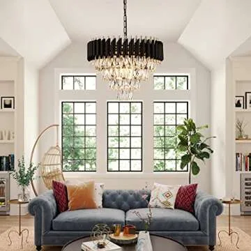 AXILIXI Modern Crystal Chandelier 20" Crystal Ceiling Pendant Light 4 Tiers Raindrop Flush Mount Chandelier Black and Gold Hanging Lamp Fixtures Round Chandelier for Entryway Foyer Dining Room