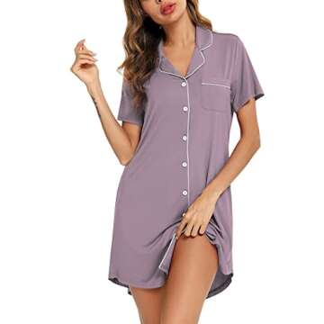 Senert Short Sleeve Nightgowns for Women, Women's Button Down Sleepwear Classical Sleep Shirt Dress ...