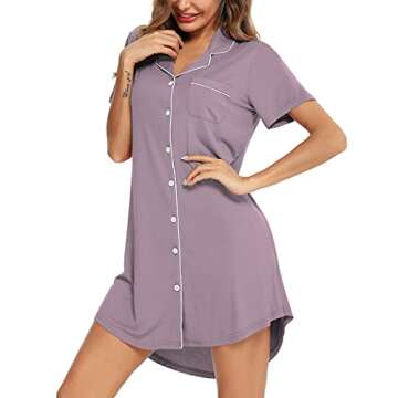 Senert Short Sleeve Nightgowns for Women, Women's Button Down Sleepwear Classical Sleep Shirt Dress Violet,XX-Large