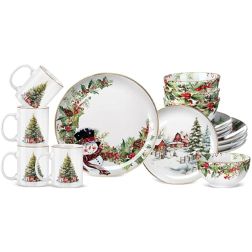 16 Pcs Christmas Tree Dinnerware Set for 4 Holiday Dishes Snowman Dinner Plates Festive Collection D...